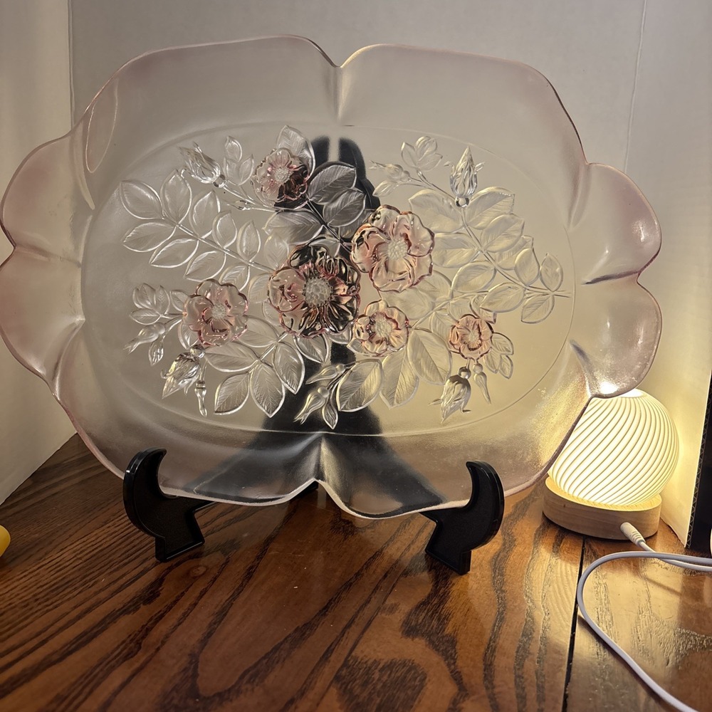 Mikasa Pink Flower Rosella Crystal Large 16" Serving Tray Platter Frosted Glass